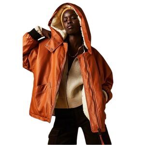Free People Moxy Trapeze Faux Fur Lining Vegan Leather Hooded Jacket Womens Smal